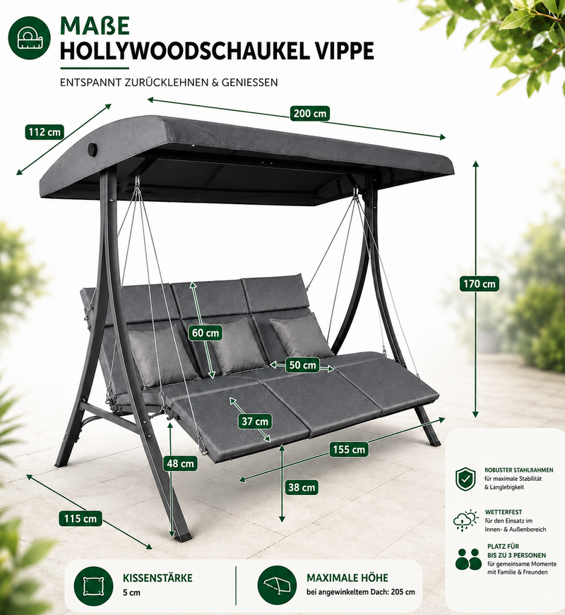 3 Sitzer Hollywoodschaukel Vippe grau Gartenschaukel bis 240kg Schaukel Bank