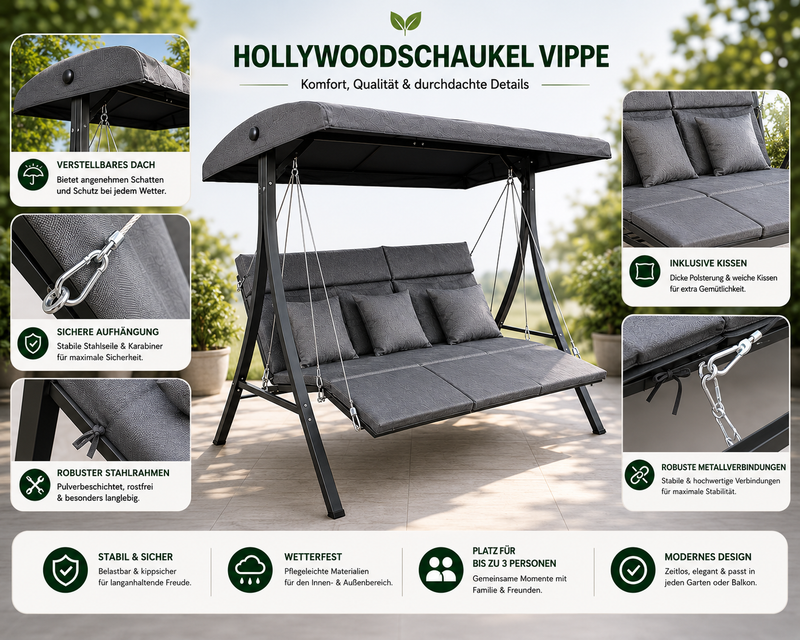 3 Sitzer Hollywoodschaukel Vippe grau Gartenschaukel bis 240kg Schaukel Bank
