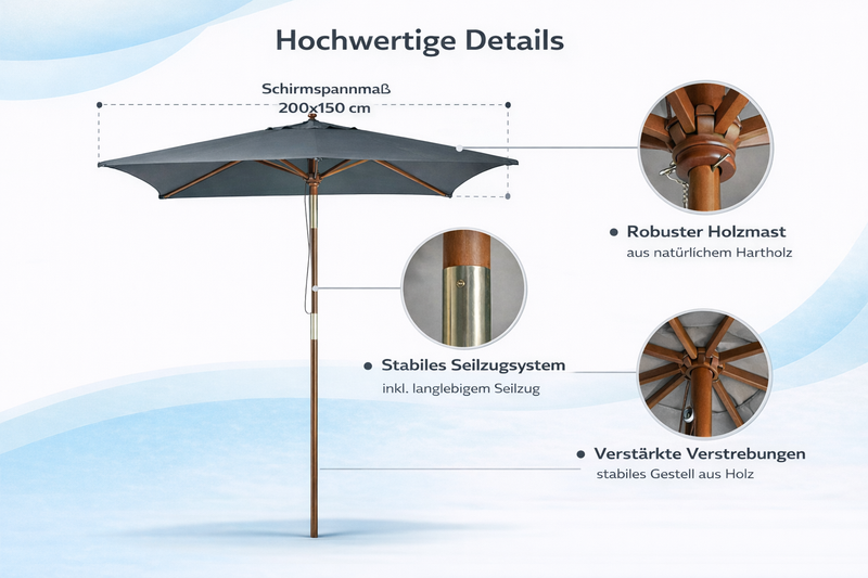 PINO Holz Sonnenschirm 200 × 150 cm – Gartenschirm mit Knickfunktion und UV-Schutz 50+