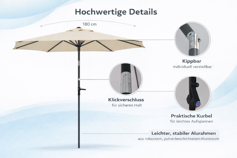 Gallery Sonnenschirm Ø 180 cm mit Kurbel und Knickfunktion – Aluminium, UV-Schutz 50+