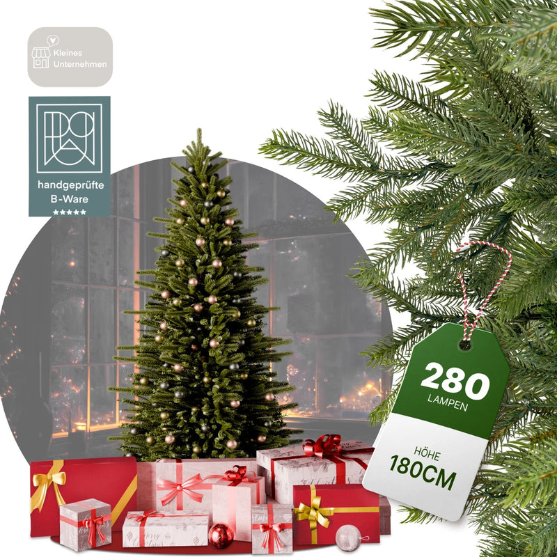 Schmaler Künstlicher Weihnachtsbaum Bergfichte 1,80m - 2,1m Christbaum Tannenbaum mit Beleuchtung Lichterkette