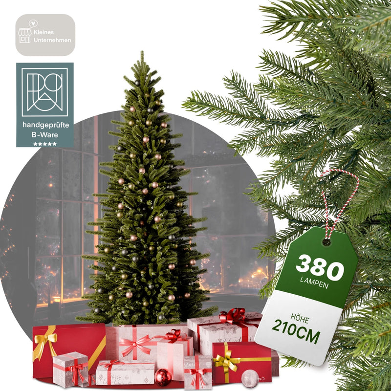Schmaler Künstlicher Weihnachtsbaum Bergfichte 1,80m - 2,1m Christbaum Tannenbaum mit Beleuchtung Lichterkette