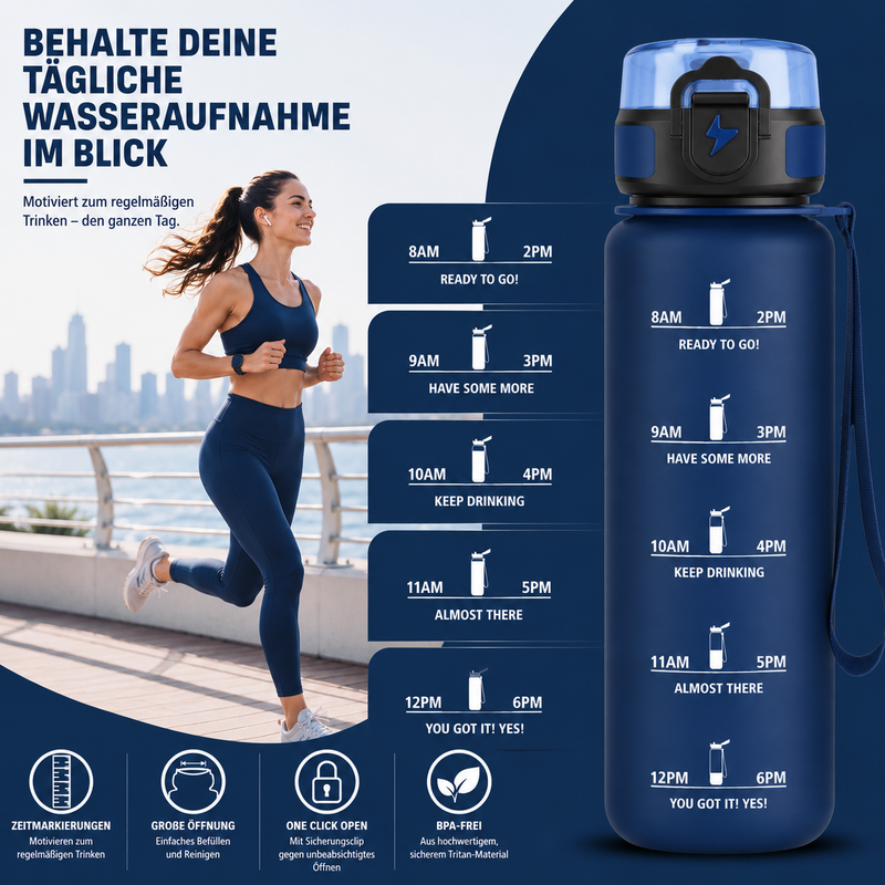 Wasserflasche 1 Liter Sportflasche Auslaufsicher mit Filter & Trageschlaufe