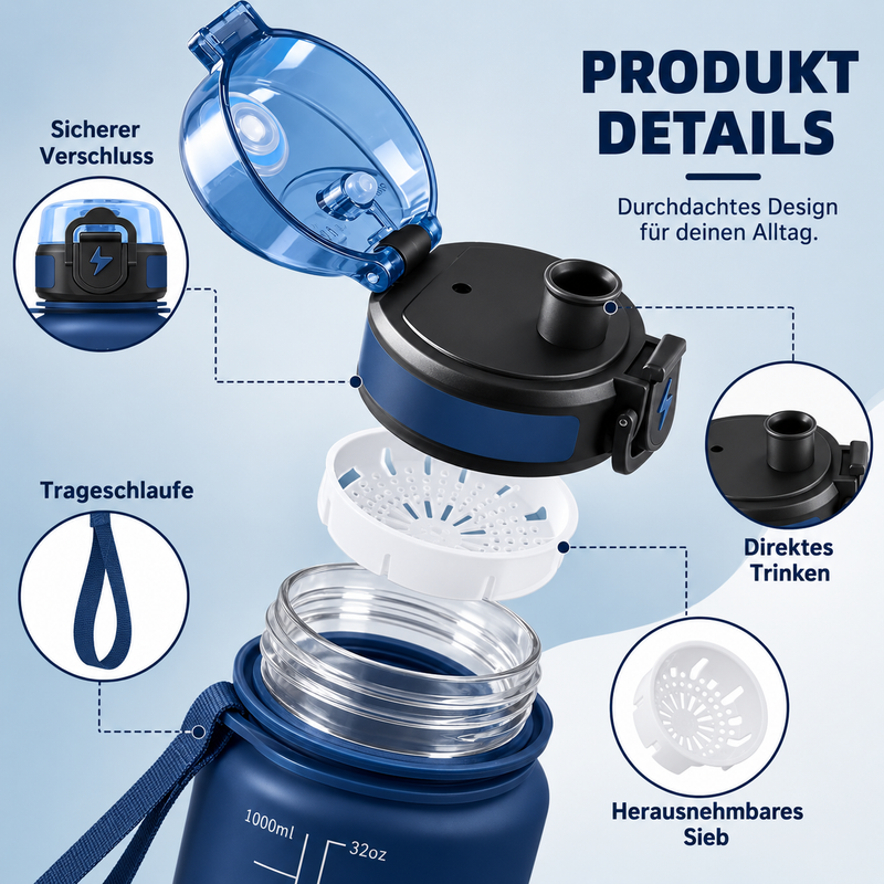 Wasserflasche 1 Liter Sportflasche Auslaufsicher mit Filter & Trageschlaufe