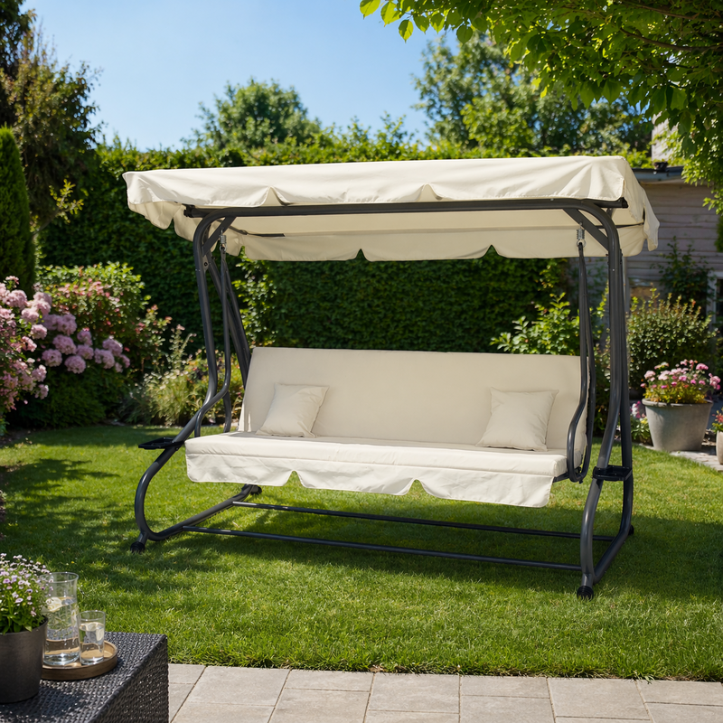 Hollywoodschaukel Gartenschaukel ASKIM 4-sitzer grau beige Schaukel