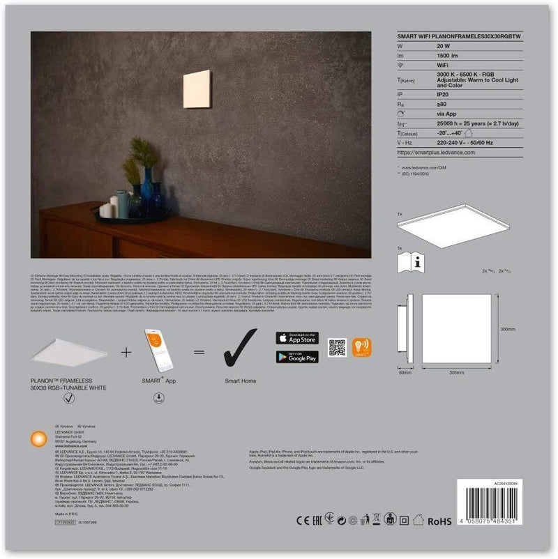 LEDVANCE SMART+ WiFi RGBTW LED Panel 30x30cm Frameless Deckenleuchte dimmbar