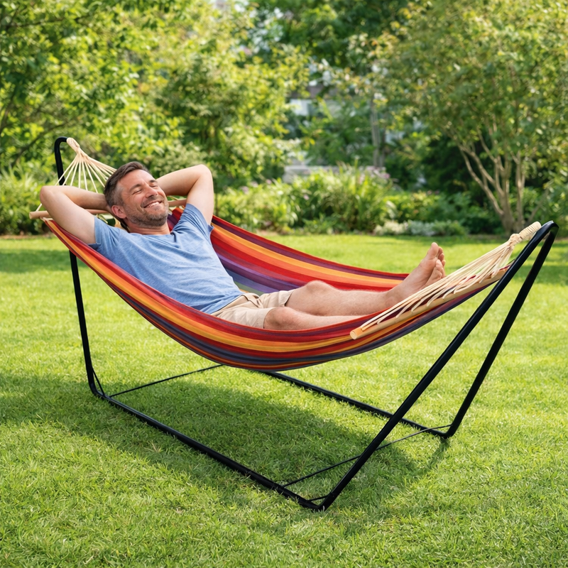 Lesli Living Hängematte Regenbogen inkl Metallgestell Garten Camping Outdoor